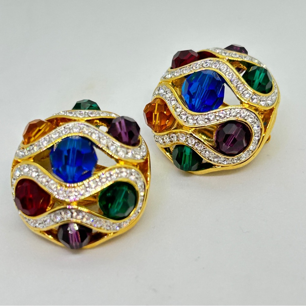 Vintage Rare Joan Rivers Faceted Multi Colored Rhinestone Clip Earrings